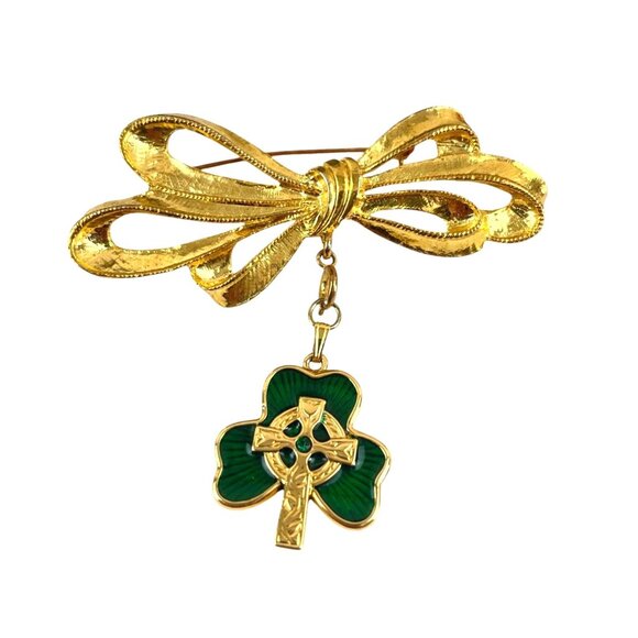 Phister Gold-Tone Bow Brooch With Dangling Green Enamel Clover Celtic Cross Char - Picture 1 of 8